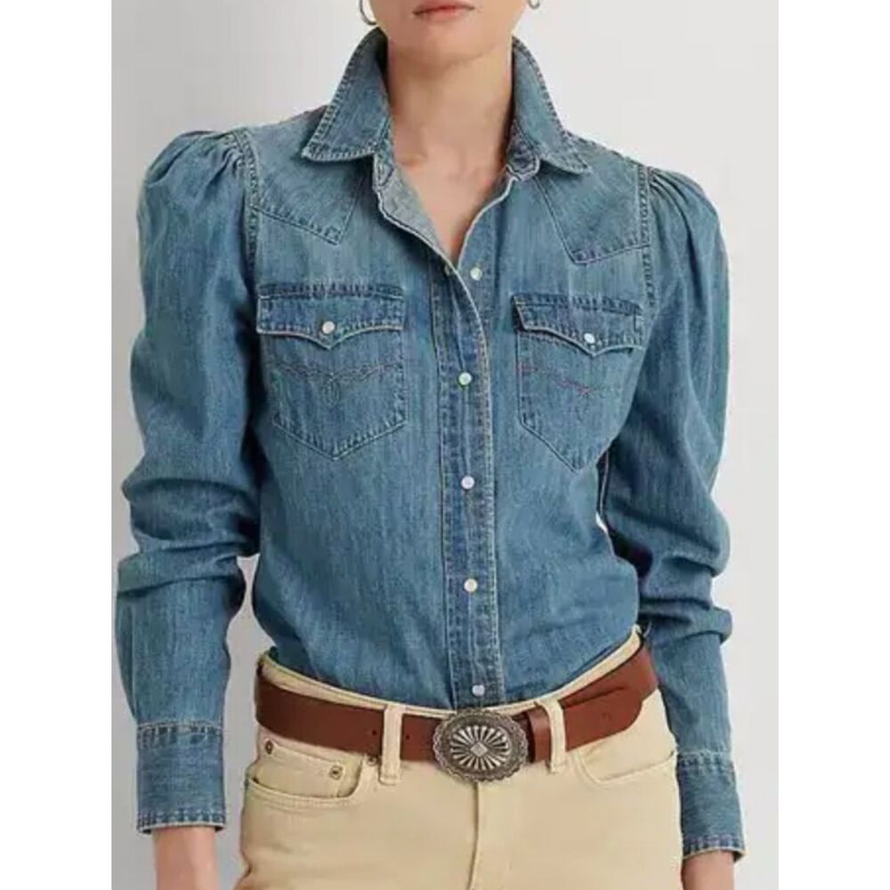 Ralph Lauren Denim Puff Sleeve Western Shirt Pearl Snap Chambray Blouse